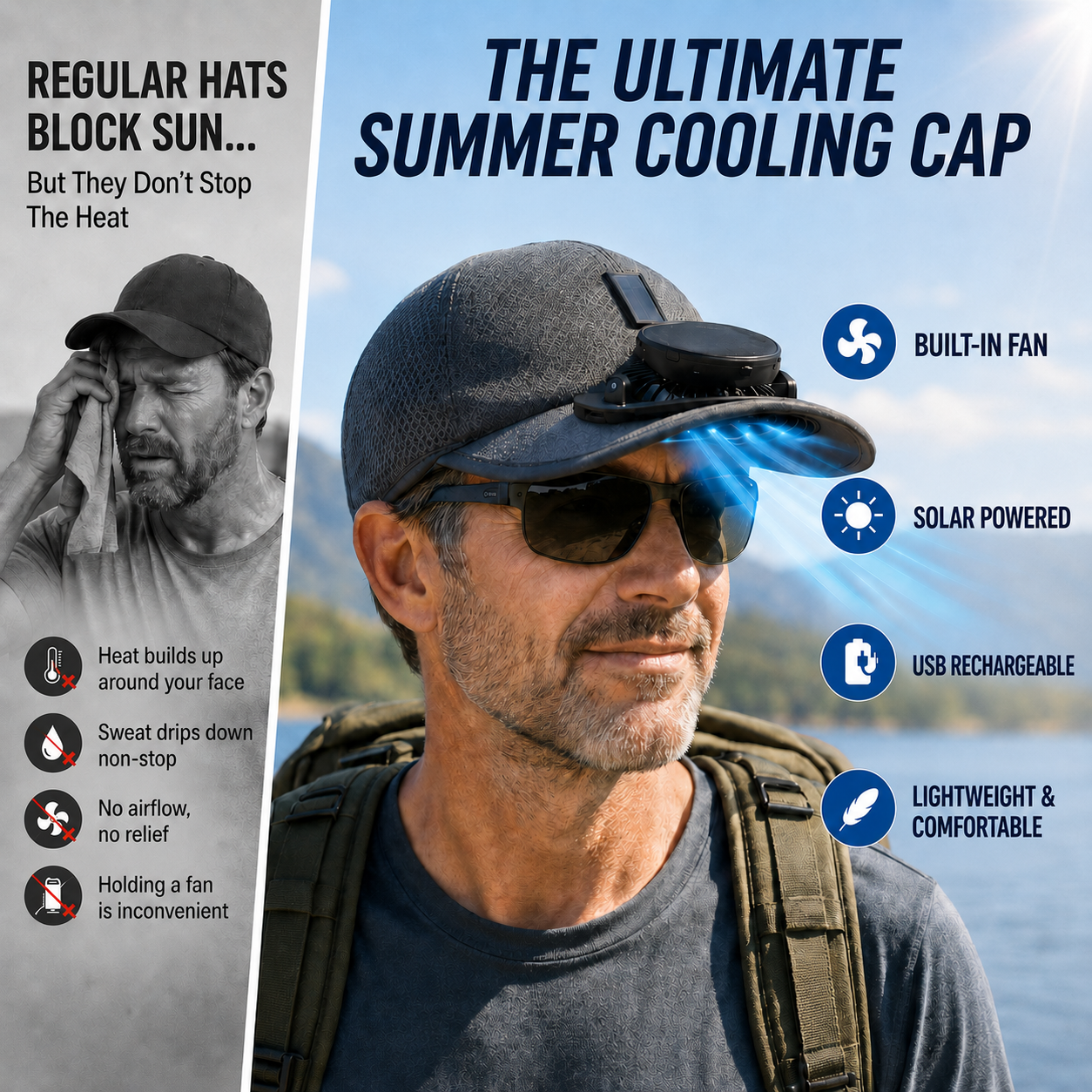 BIGGEST SALE 50% OFF ✨ 2026 Pro Outdoor Cooling Hat – Solar + USB Dual-Powered Fan Cap with UPF 50+ Sun Protection