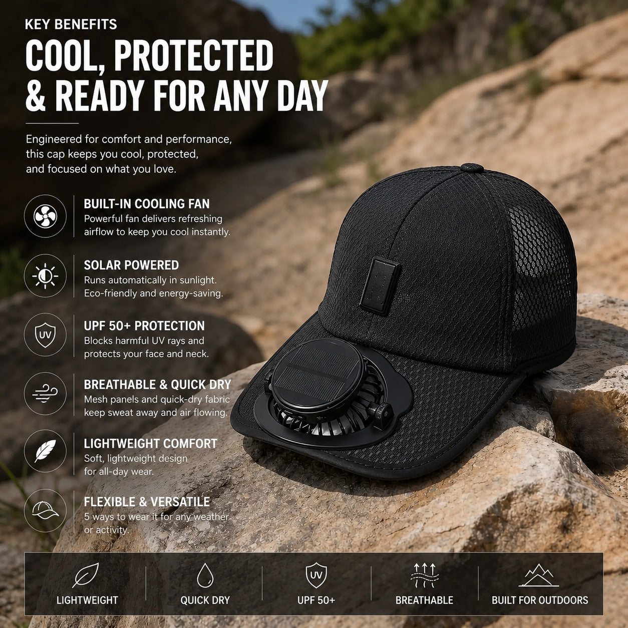 2026 Father's Day 60% OFF ✨ 2026 Pro Outdoor Cooling Hat – Solar + USB Dual-Powered Fan Cap with UPF 50+ Sun Protection