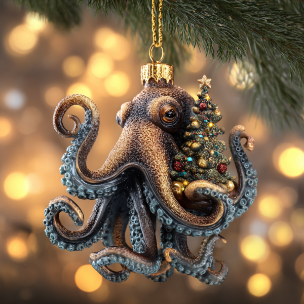 Christmas Octopus Acrylic Ornament – Deep Sea Holiday Magic