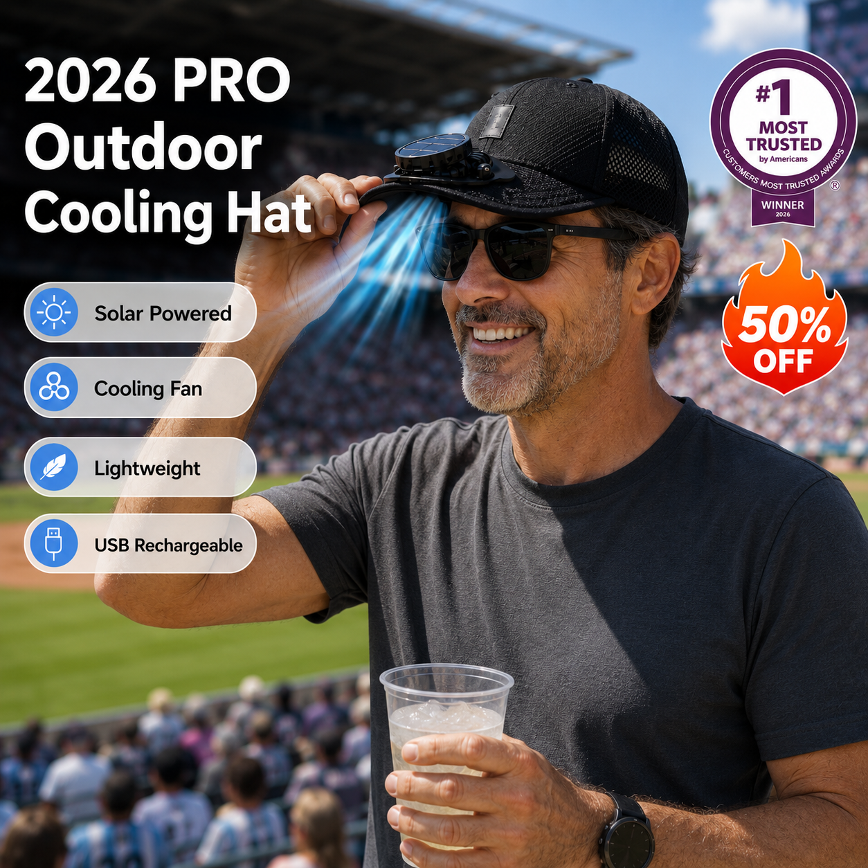 BIGGEST SALE 50% OFF ✨ 2026 Pro Outdoor Cooling Hat – Solar + USB Dual-Powered Fan Cap with UPF 50+ Sun Protection