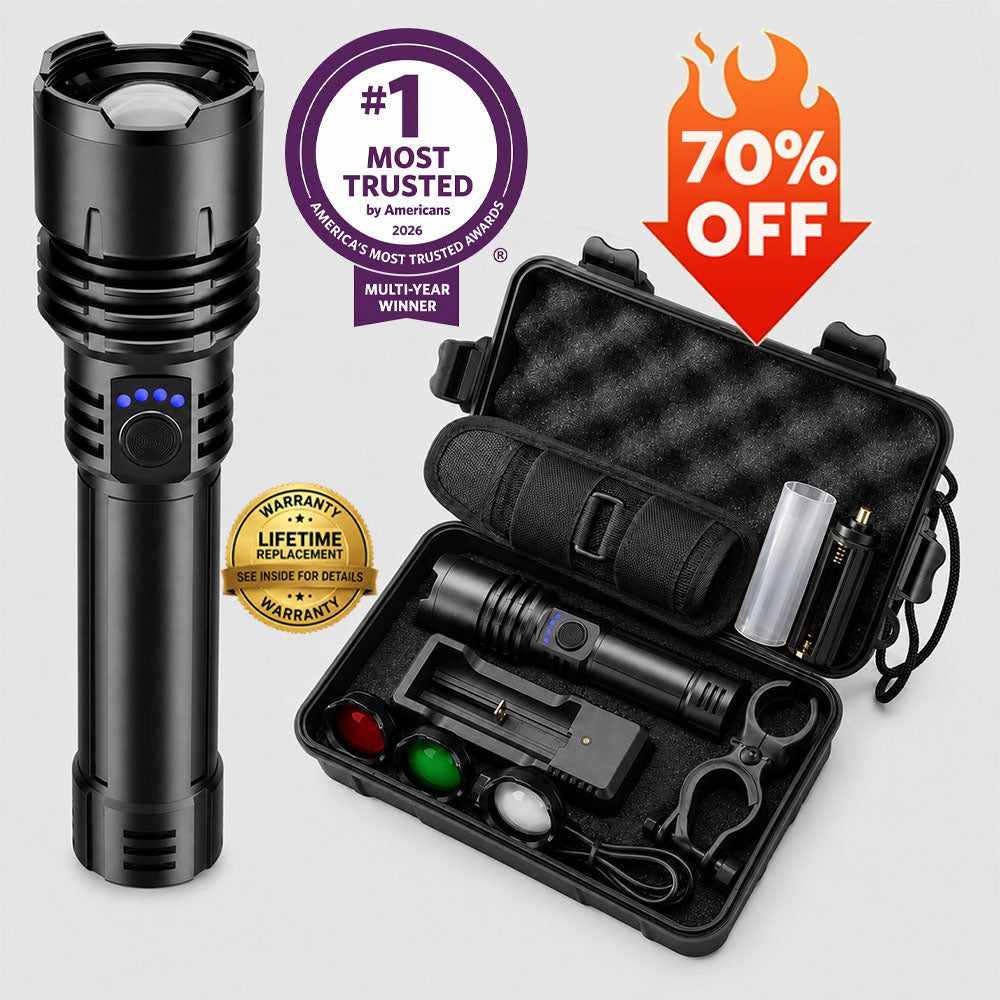 🔥HOT SALE: 70% OFF+ GIFT ⏰ 🔦 Super Bright LED Hunting Tactical Flashlight, 3 Color Lens, 80X Brighter CREE LED Beam, 50-Hour Runtime, Military-Grade Toughness For Hunting, Fishing & Camping