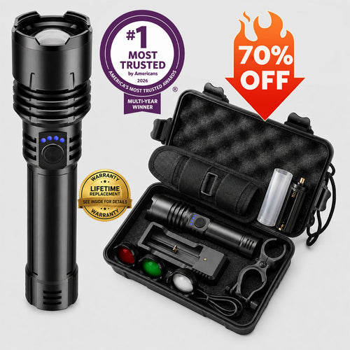 🔥HOT SALE: 70% OFF+ GIFT ⏰ 🔦 Super Bright LED Hunting Tactical Flashlight, 3 Color Lens, 80X Brighter CREE LED Beam, 50-Hour Runtime, Military-Grade Toughness For Hunting, Fishing & Camping