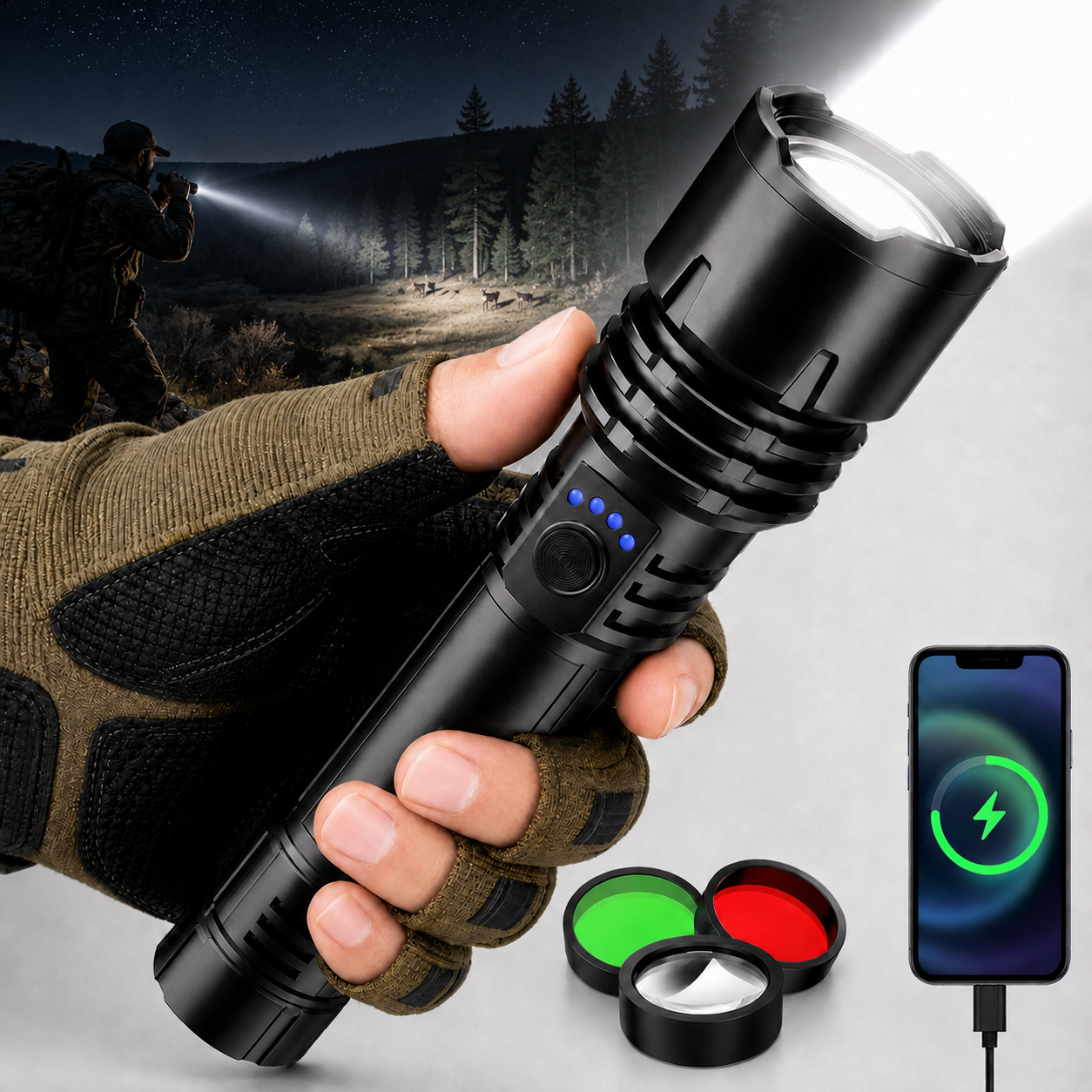 🔥HOT SALE: 70% OFF+ GIFT ⏰ 🔦 Super Bright LED Hunting Tactical Flashlight, 3 Color Lens, 80X Brighter CREE LED Beam, 50-Hour Runtime, Military-Grade Toughness For Hunting, Fishing & Camping