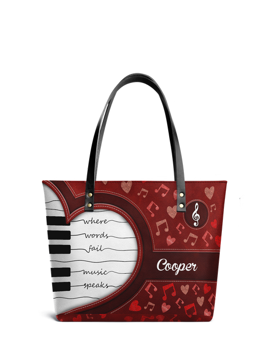 Where Words Fail Music Speaks Music Notes Leather Tote Bag