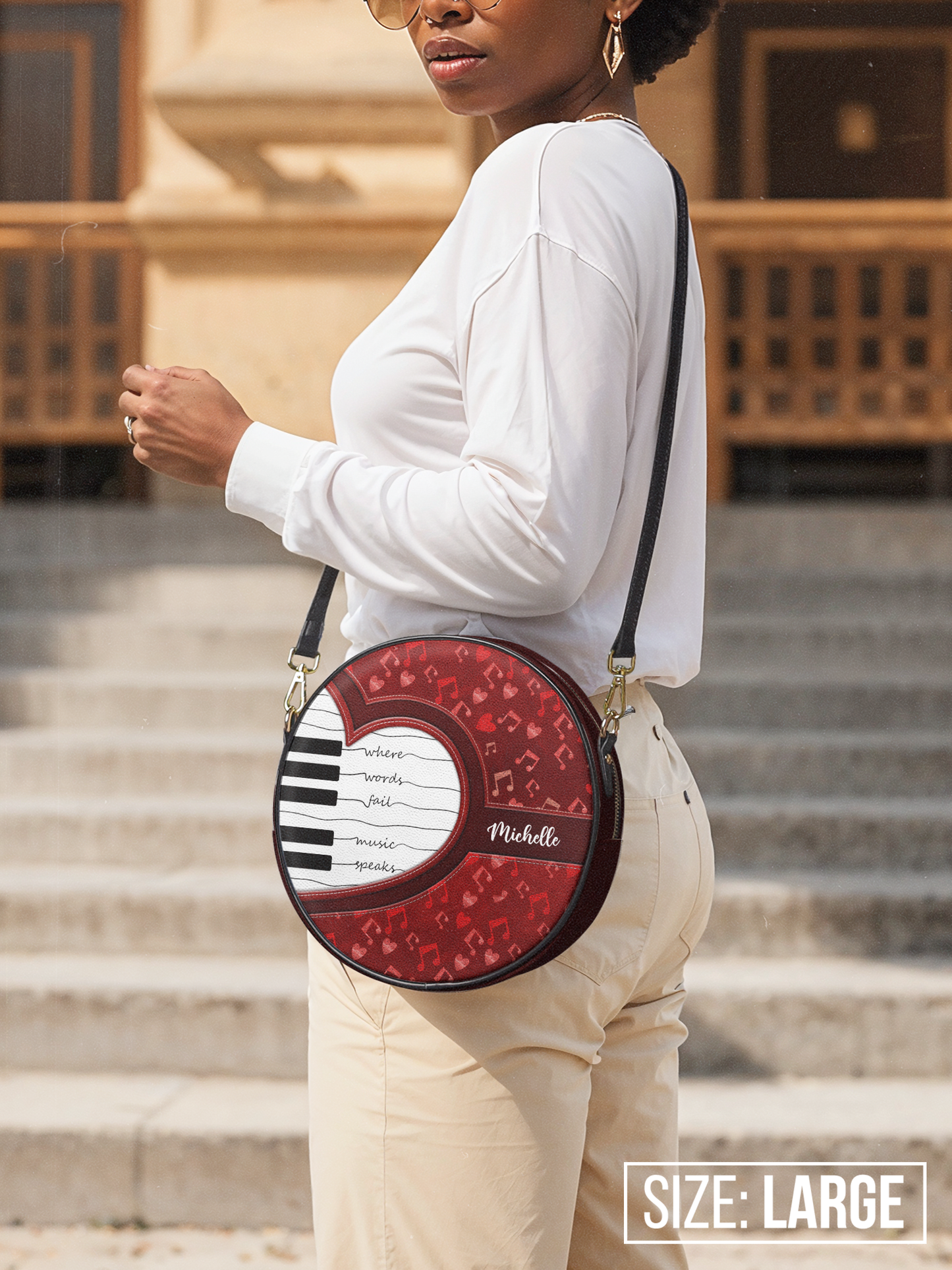 Where Words Fail Music Speaks Music Notes Circle Crossbody Bag