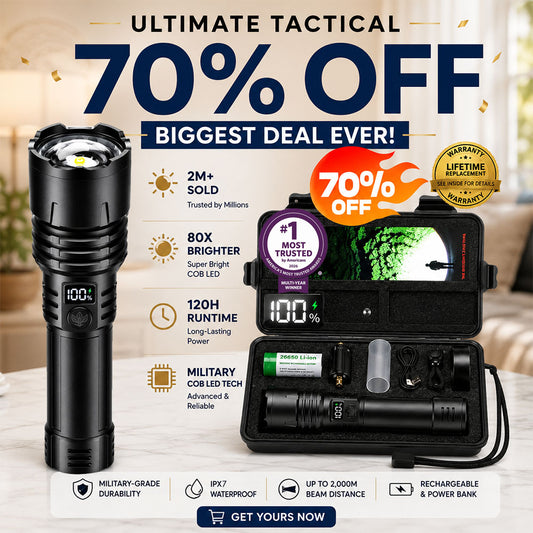 🔥BEST DEAL OFFER 70% OFF + 🎁 2026 NEW Super Bright Ultimate Tactical Survival Flashlight · 2M+ SOLD · 80X Brighter ·120H Runtime · Military COB LED Tech