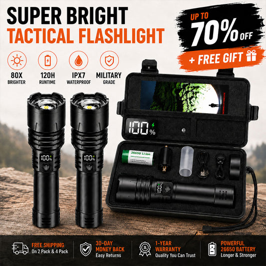 BEST SALE: 70% OFF+ 🎁🔥 2026 Super Bright Ultimate Tactical Flashlight · 2M+ SOLD · 80X Brightness ·120-Hour RUN TIME · Smart LED Display · CREE LED